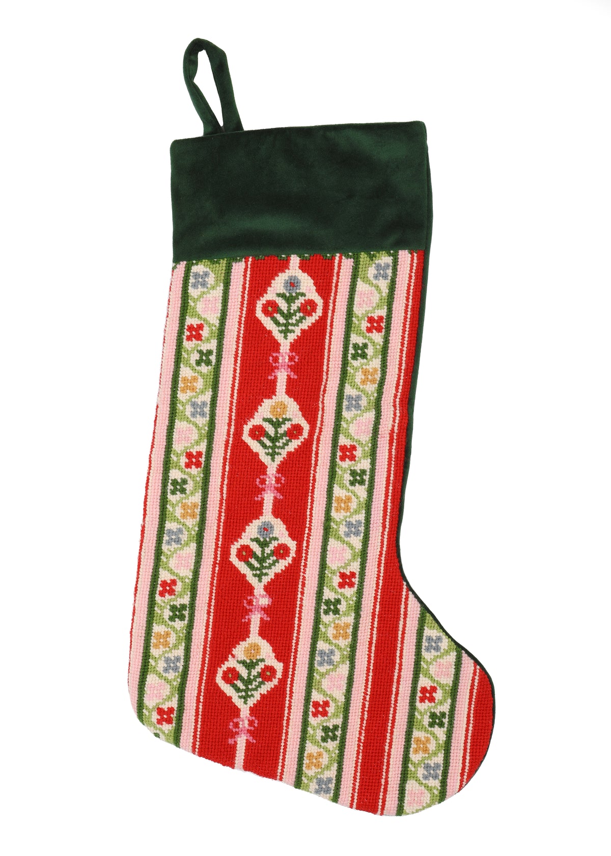 Velvet Cuff Floral Stocking in Red