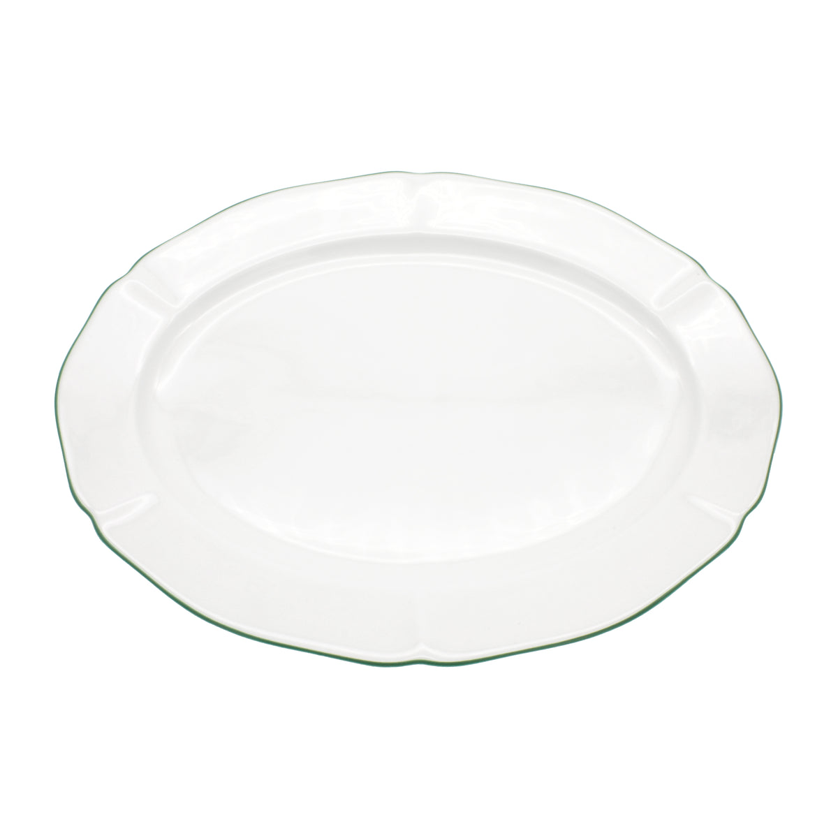 Top view of Amelie Forest Green 14 inch Oval Platter showcasing scalloped edges and hand-painted green rim on white background