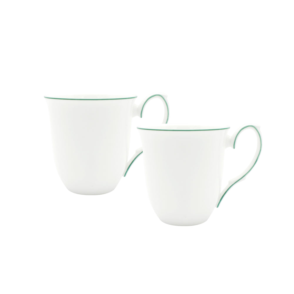 Front view of Amelie set of 2 bone china mugs with forest green hand painted rim and matching handle trim