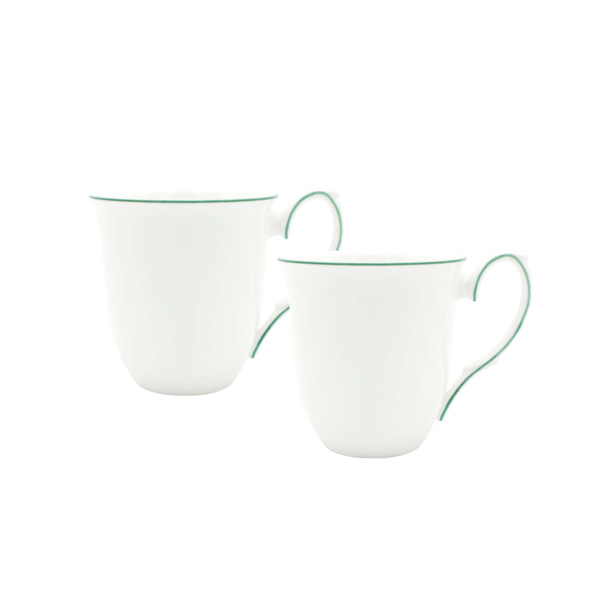 Front view of Amelie set of 2 bone china mugs with forest green hand painted rim and matching handle trim