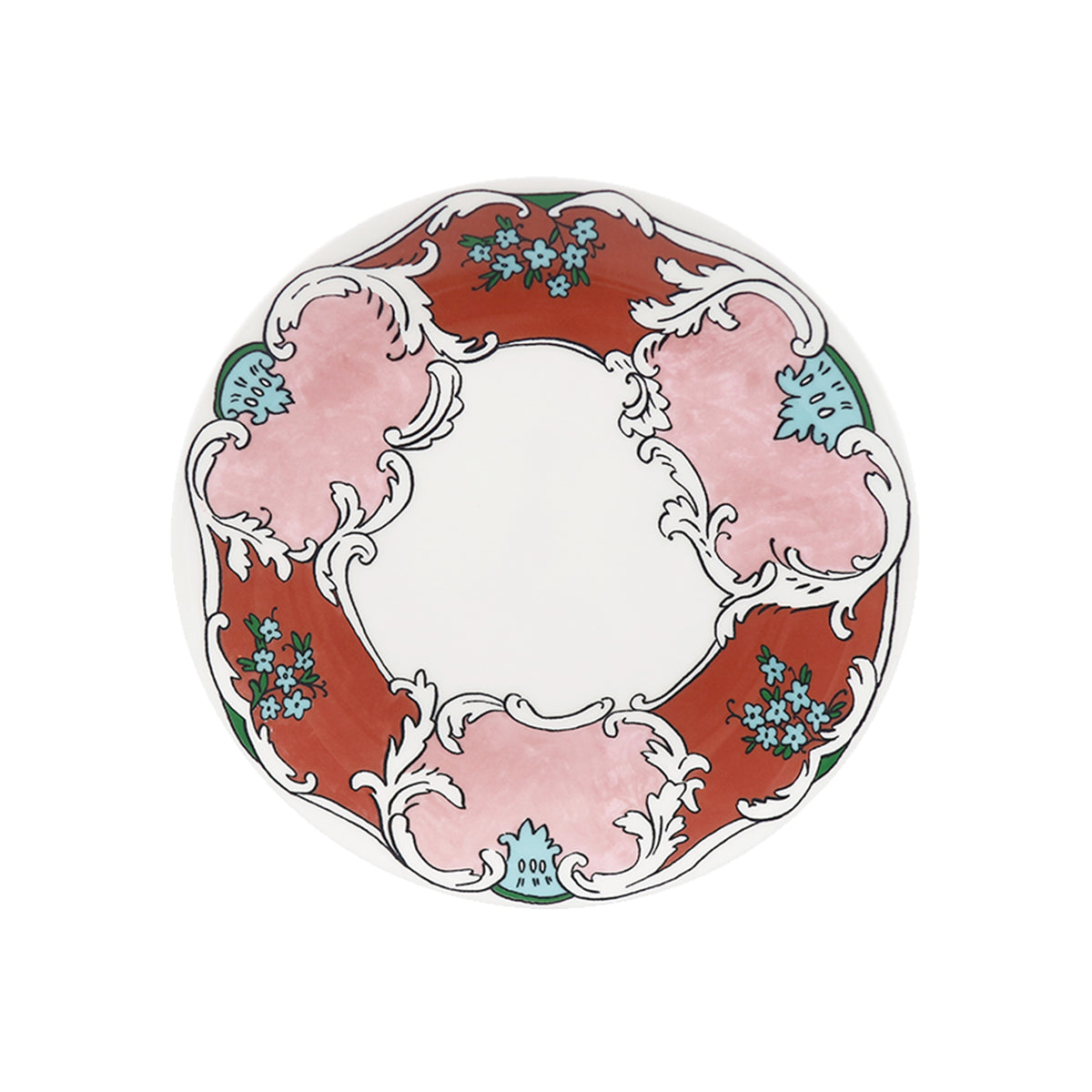 Top view of Always Camille 8 inch Salad Plate showcasing floral and scrollwork decals on a white background
