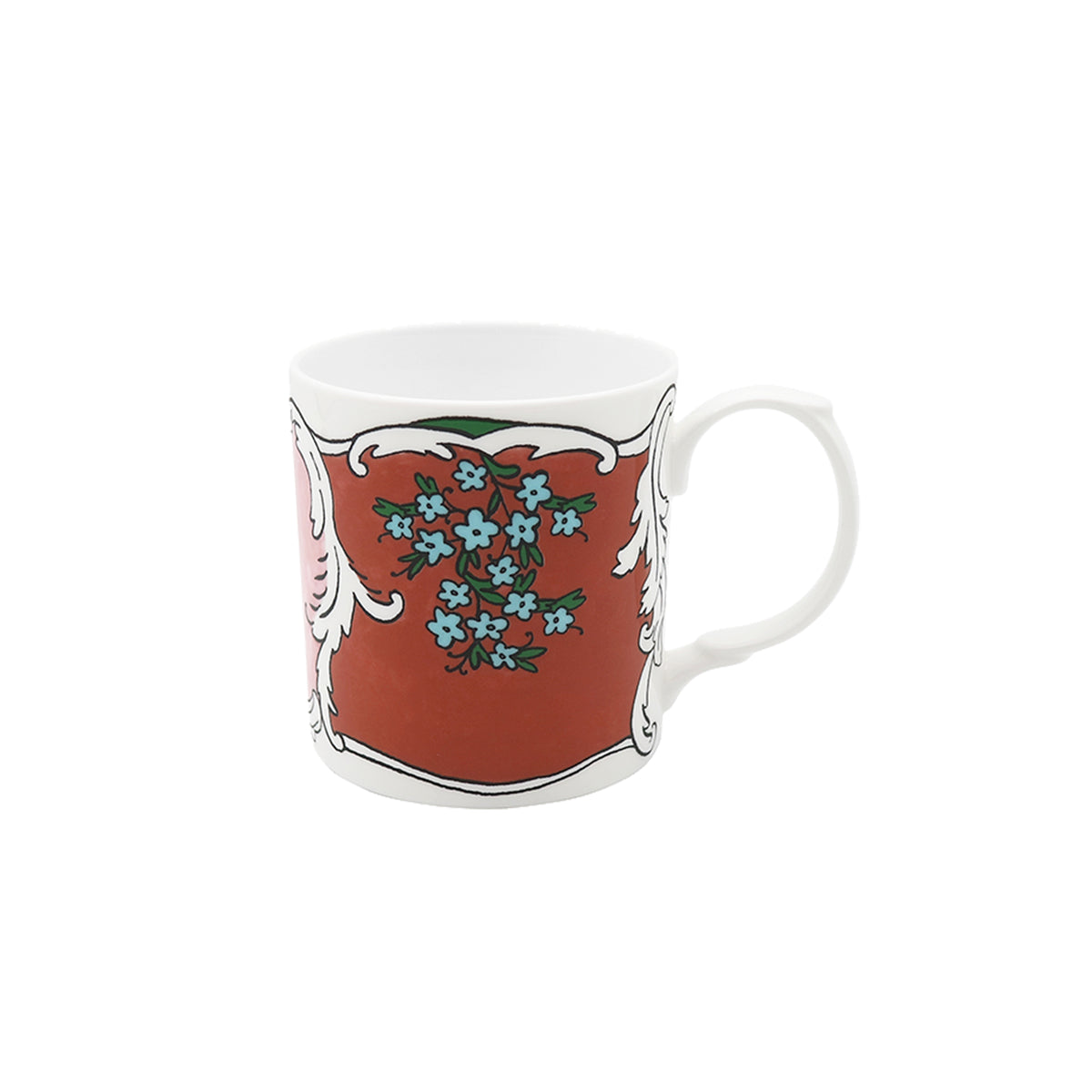 Front view of Always Camille mug showcasing coral-red panel with blue floral motif and white scrollwork on white background