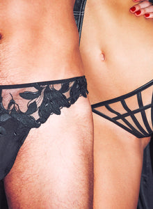 Men’s Lily Embroidery Thong in Black