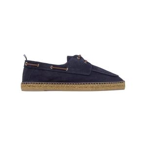 Side view of Nemo boat-style espadrille in blue showcasing split leather and taupe jute sole on a white background