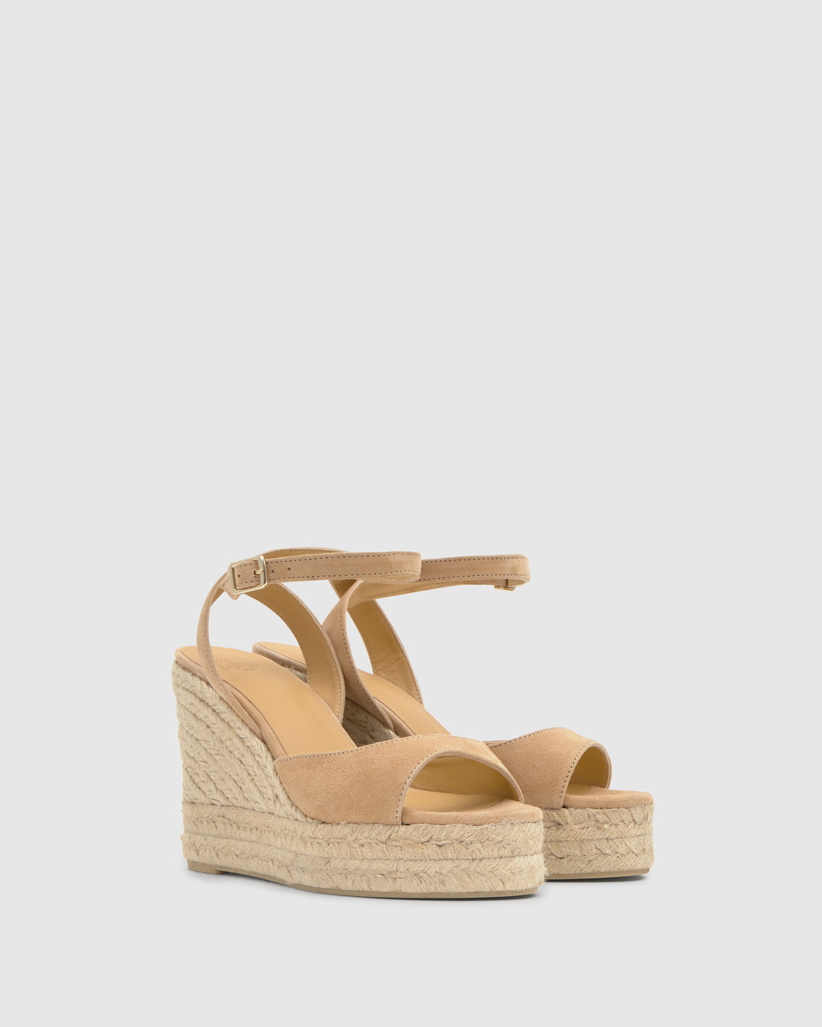 Front three-quarter view of Brook 8ED suede wedge sandal in toasted with ankle strap, open toe and braided jute platform