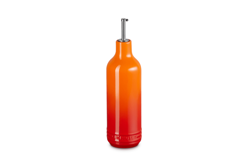 Front view of Signature Oil Cruet, 20 oz. in Flame showing curved stainless steel pour spout and three-ring design
