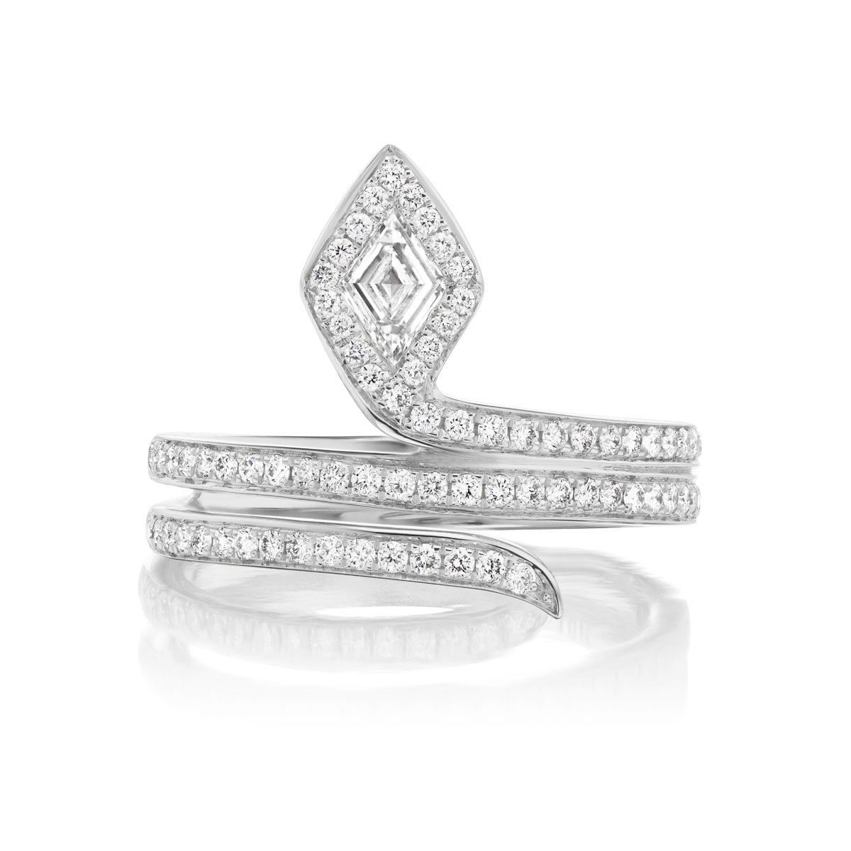 The Lozenge Diamond Snake Wraparound Ring is a modern 18k gold piece with a geometric marquise-shaped center set with VS1-VS2 diamonds. Its double-band design, adorned with smaller stones, elegantly wraps around the finger.