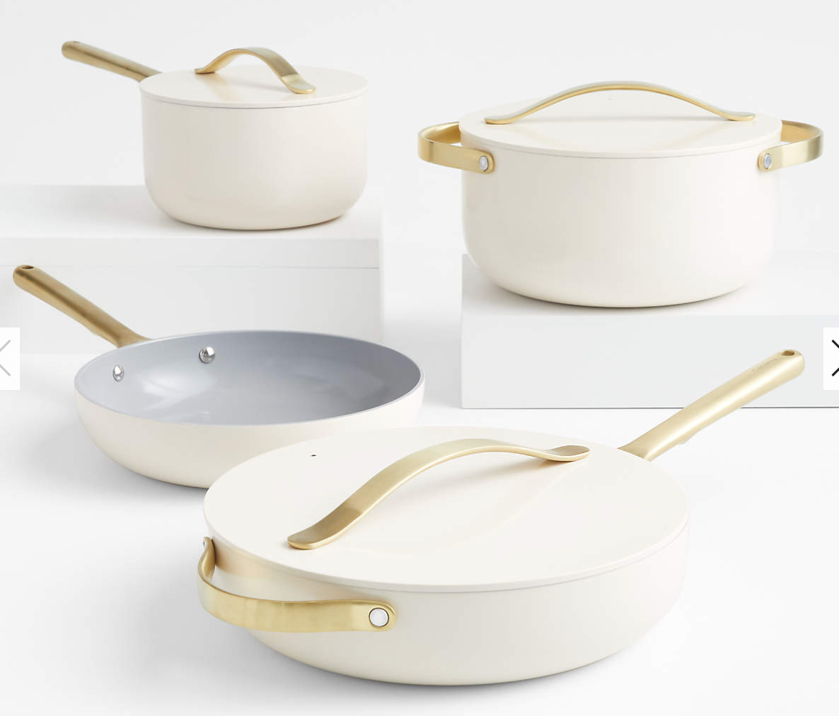 Caraway Home 7-Piece Cream Ceramic Non-Stick Cookware Set with Gold Hardware
