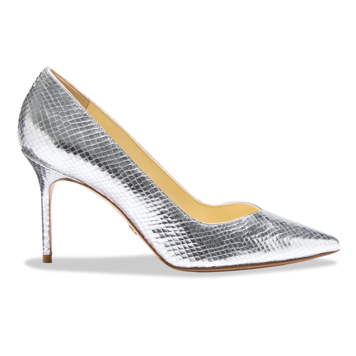 Side view of Perfect Pump 85 showcasing textured silver embossed snake print with a white background