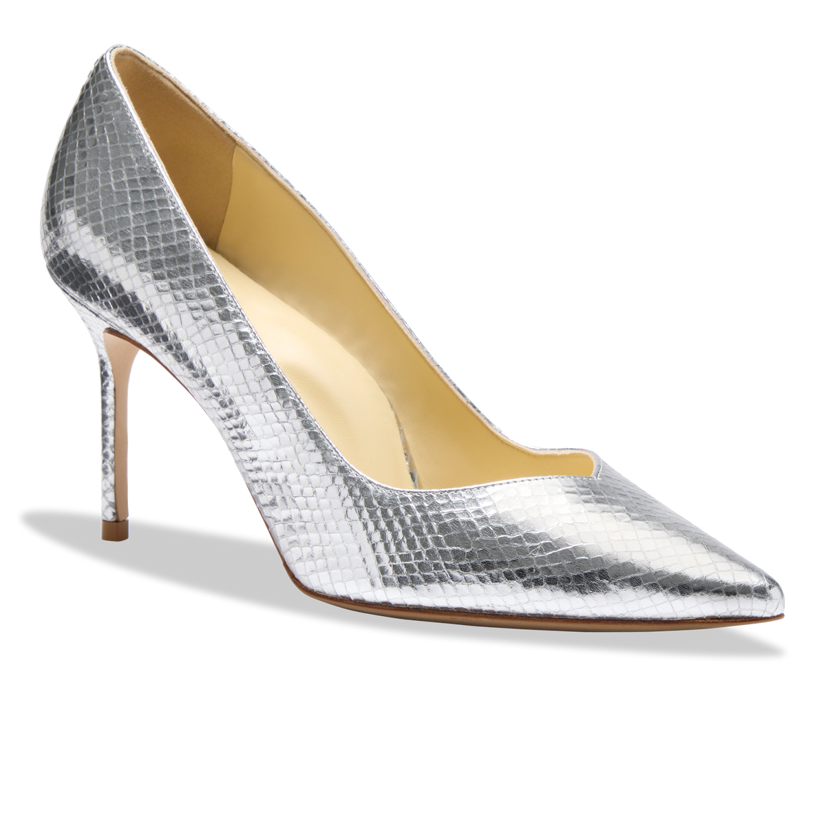 Angled view of Perfect Pump 85 showcasing textured silver embossed snake print with a white background