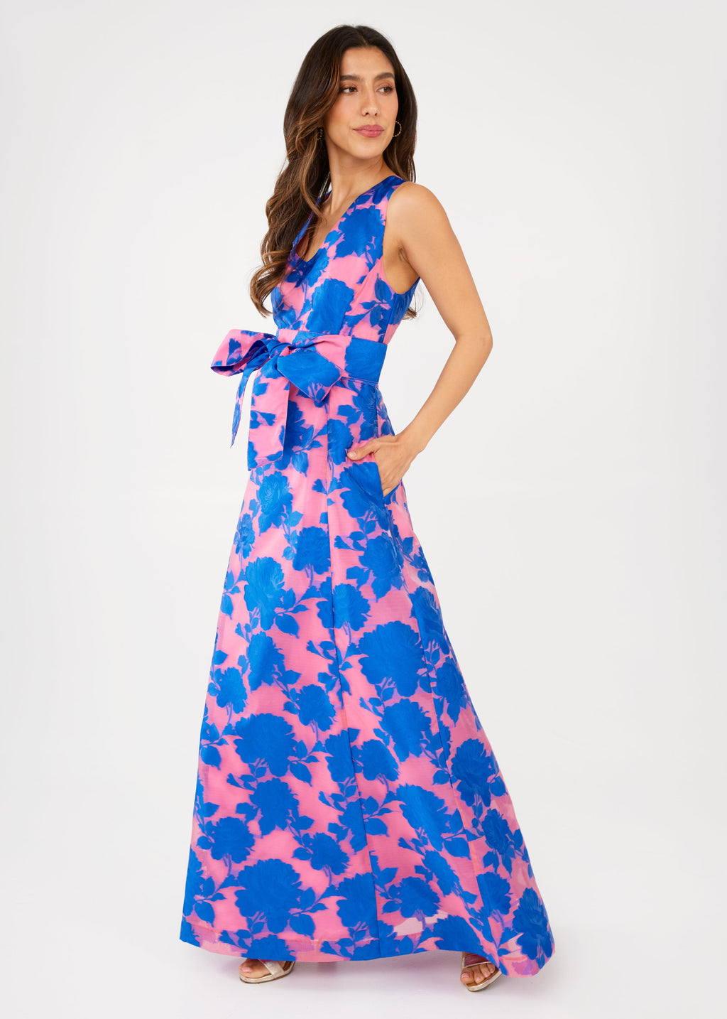 Arden Gown in Pink and Blue Tea Rose Organza