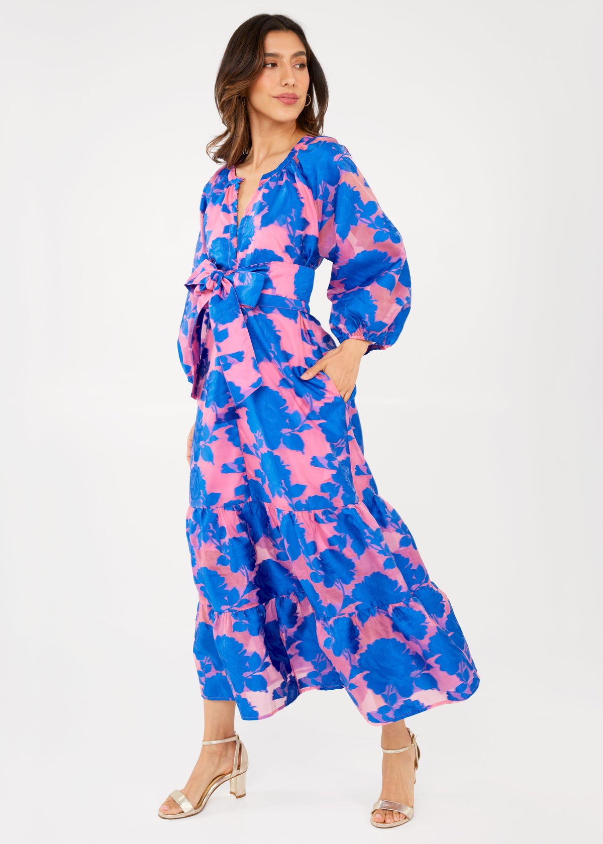 Elise Dress in Pink and Blue Tea Rose Organza