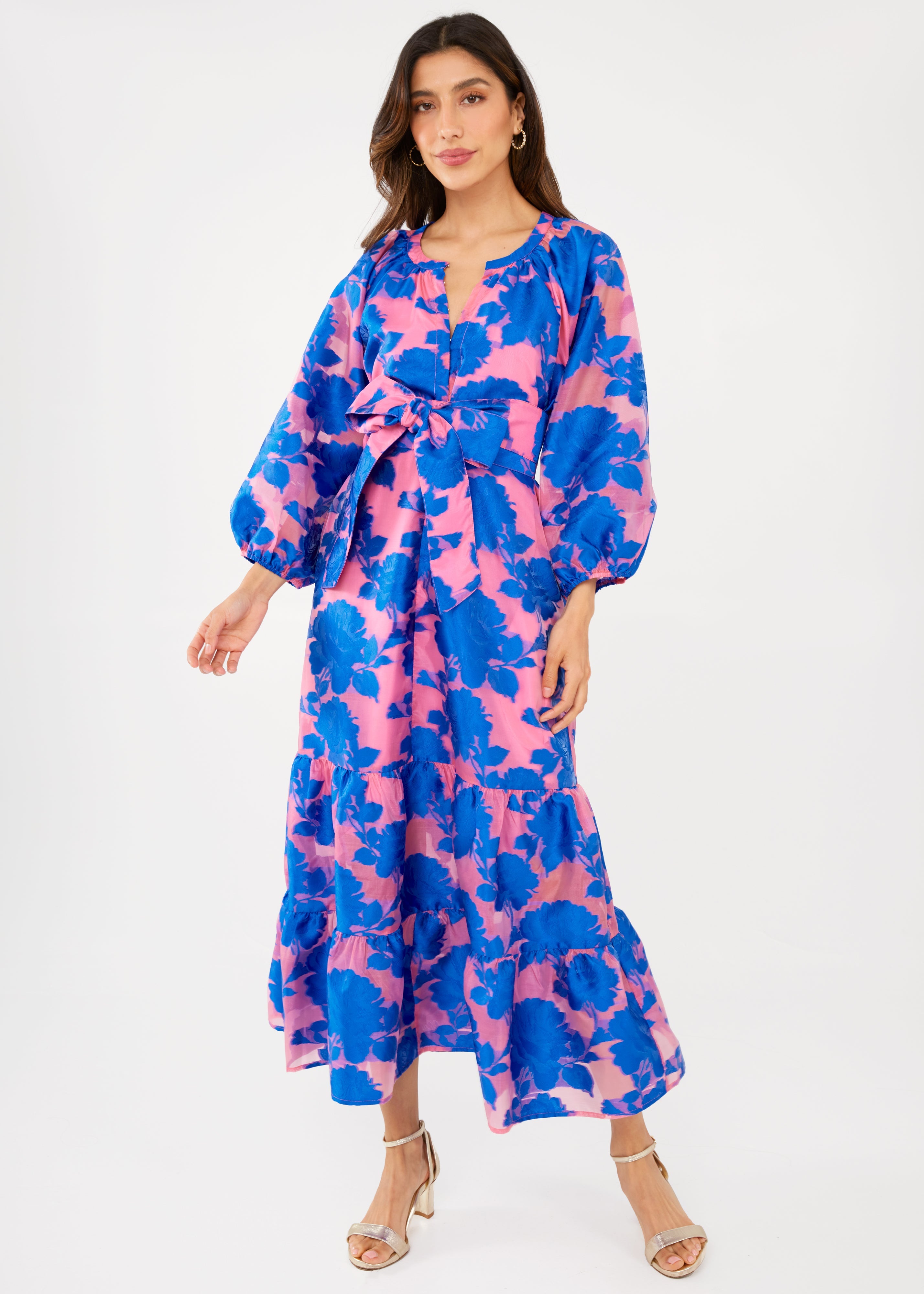Elise Dress in Pink and Blue Tea Rose Organza