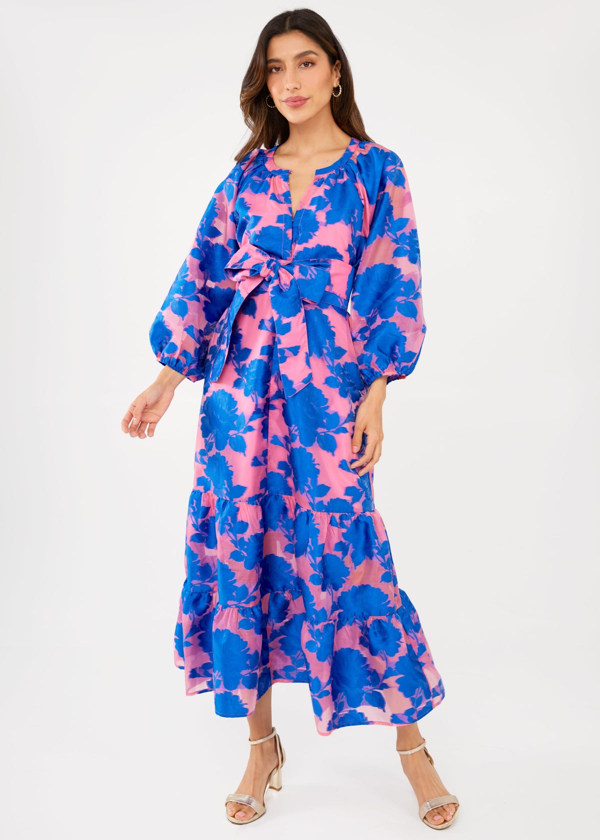 Elise Dress in Pink and Blue Tea Rose Organza