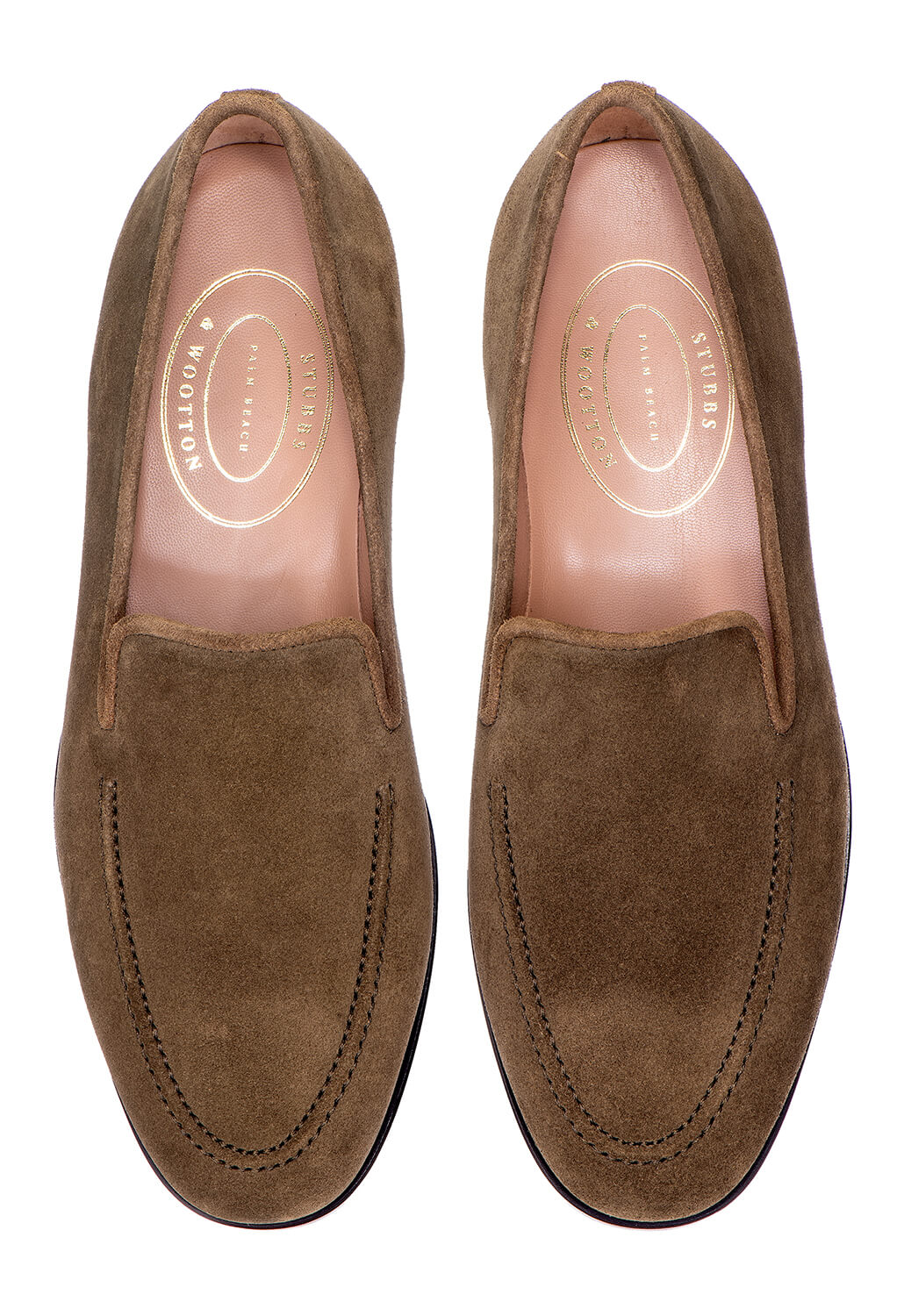 Top view of a pair of Khaki Loden suede Venetian loafers showing stitched apron and leather insoles on a white background
