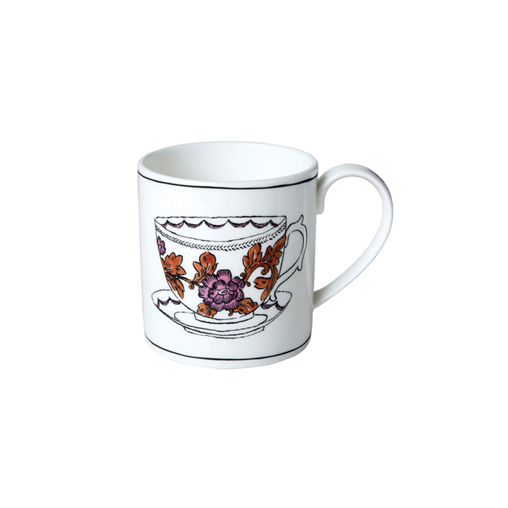 Front view of Heritage Rosa Rugosa mug showcasing purple and orange floral decal and black rim on white background