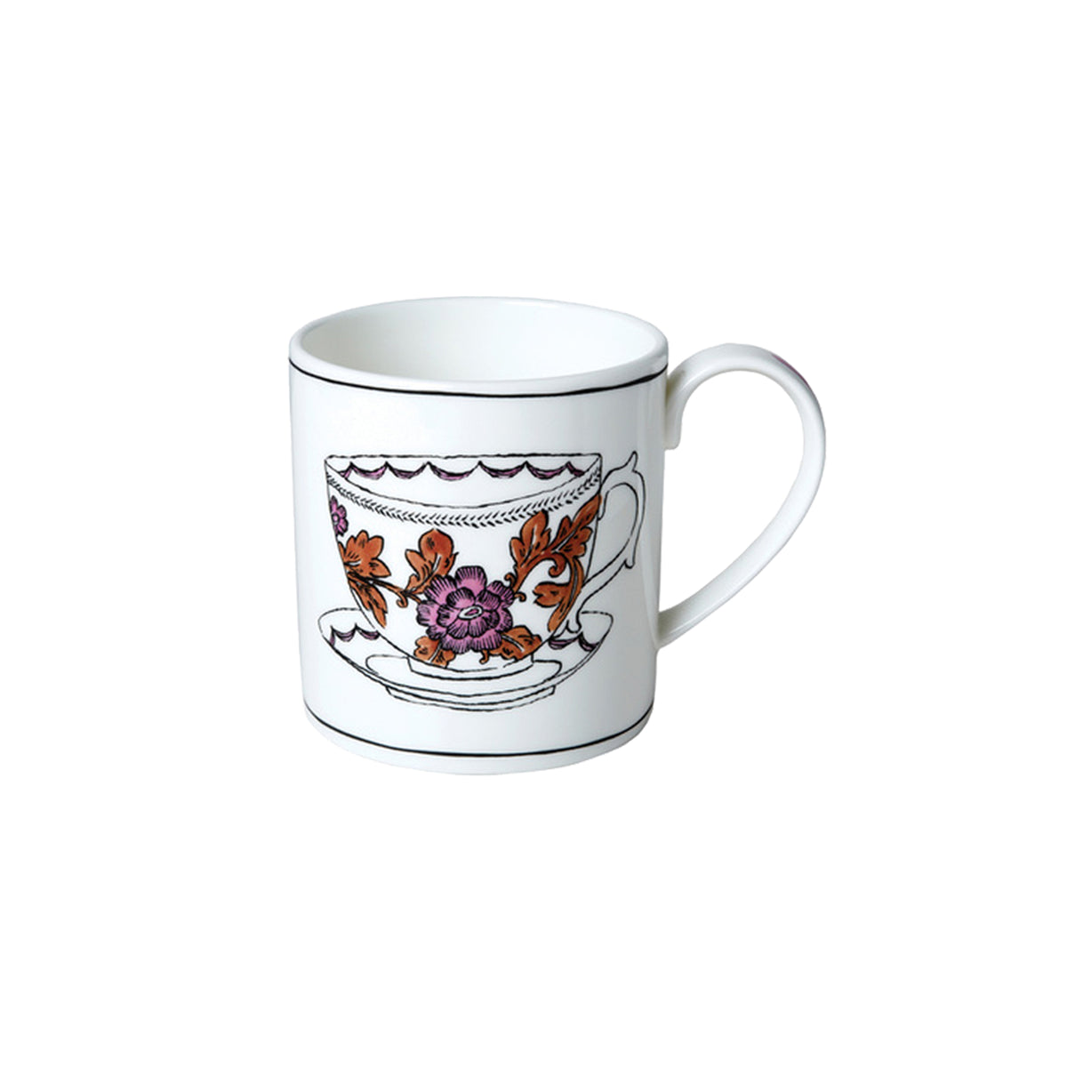 Front view of Heritage Rosa Rugosa mug showcasing purple and orange floral decal and black rim on white background
