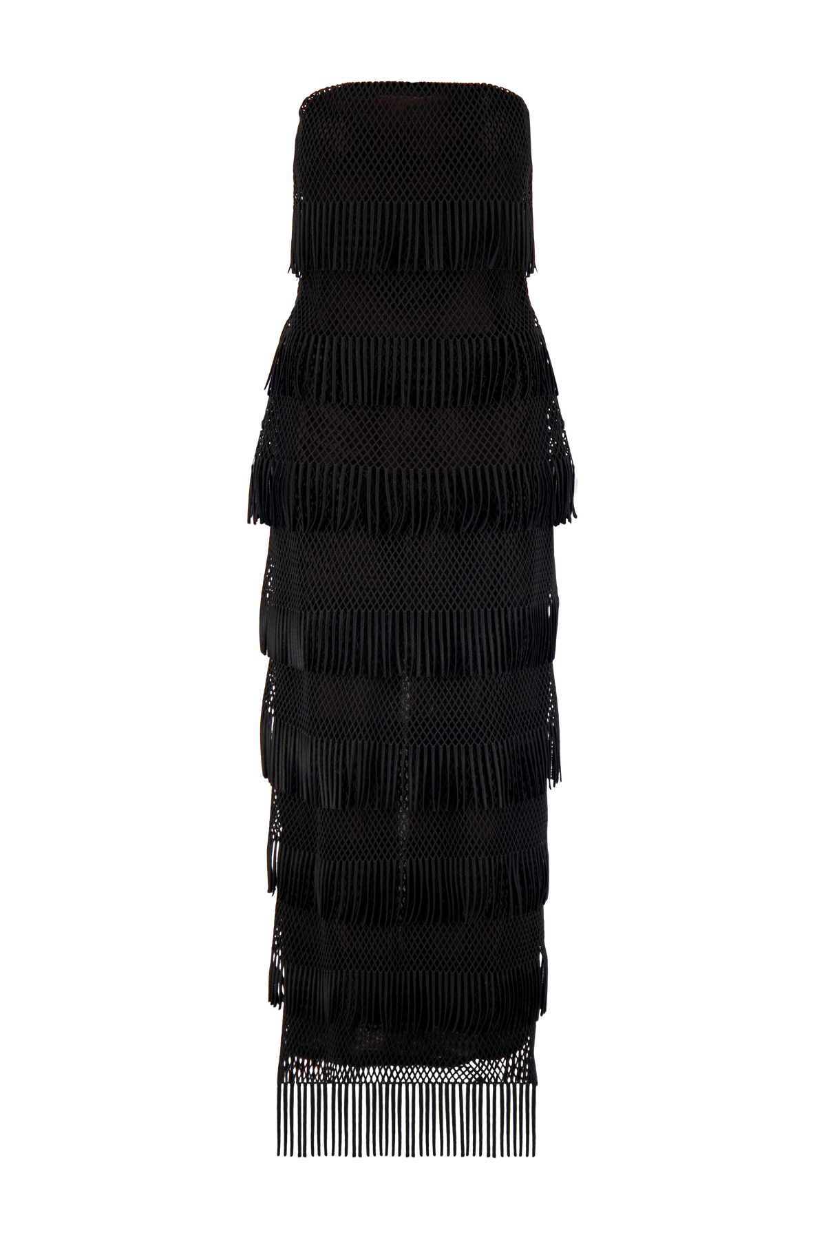 Back view of Macrame Lace Column Dress in Black showcasing knotted net tiers and fringe detailing against a white background