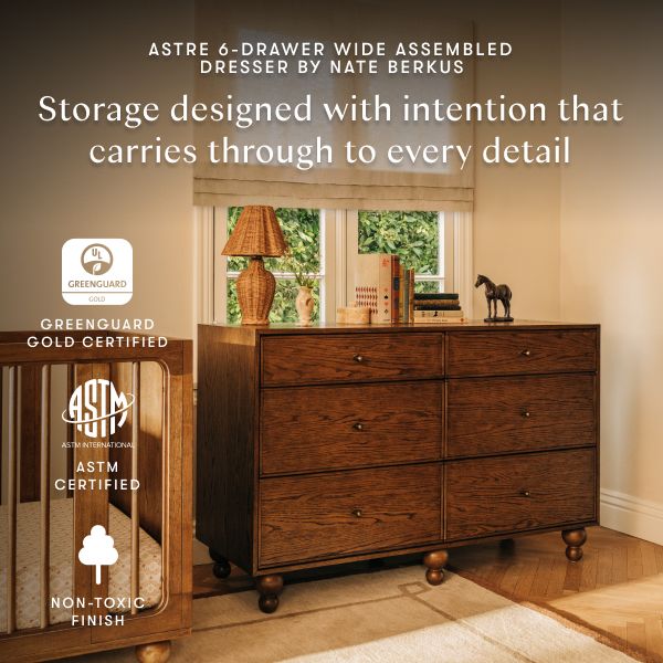Front view of Astre 6-Drawer Wide Assembled Dresser by Nate Berkus in Toffee with intentional storage in a bedroom