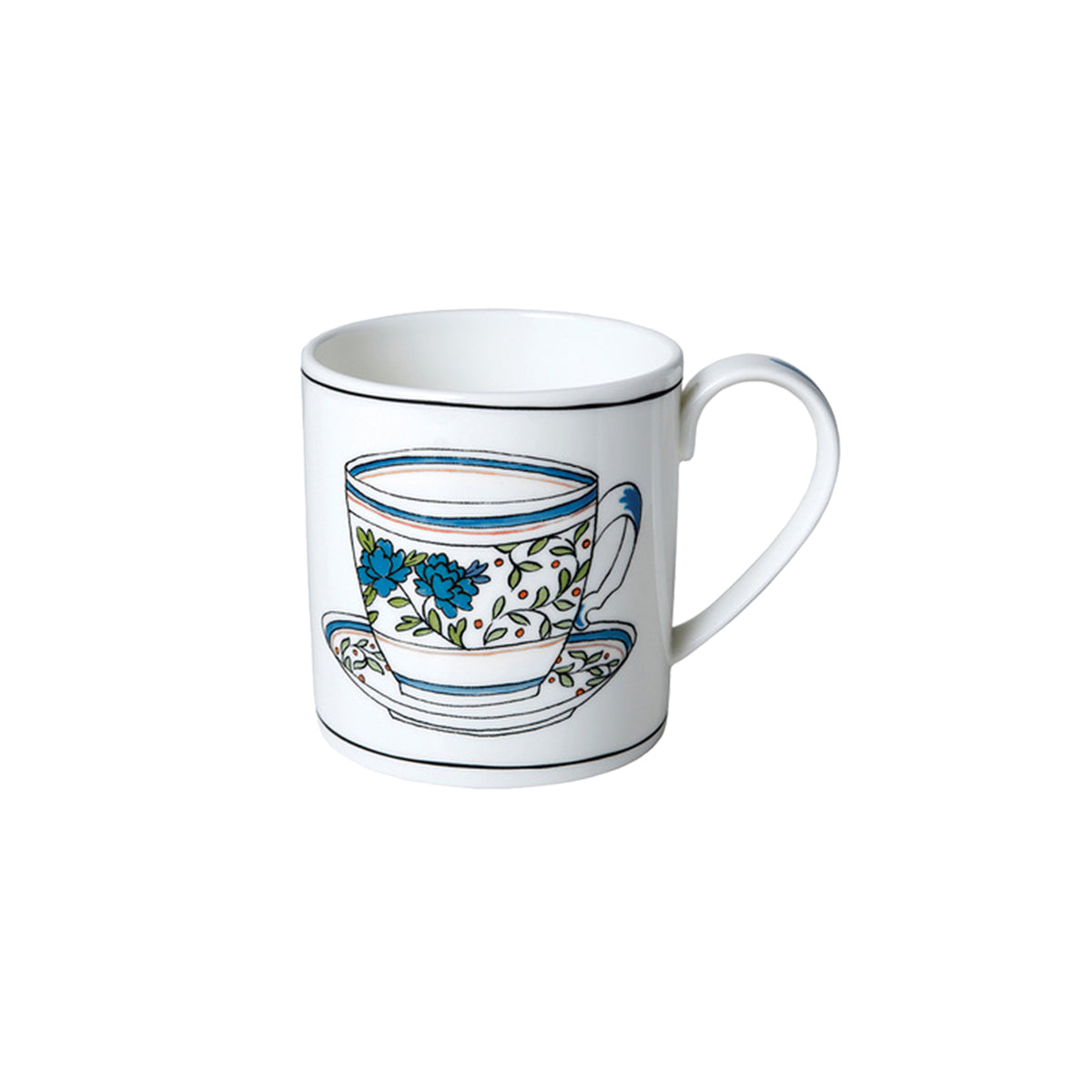 Front view of Heritage Bachelor Button Mug showcasing hand-applied cornflower decals and black rim with white background
