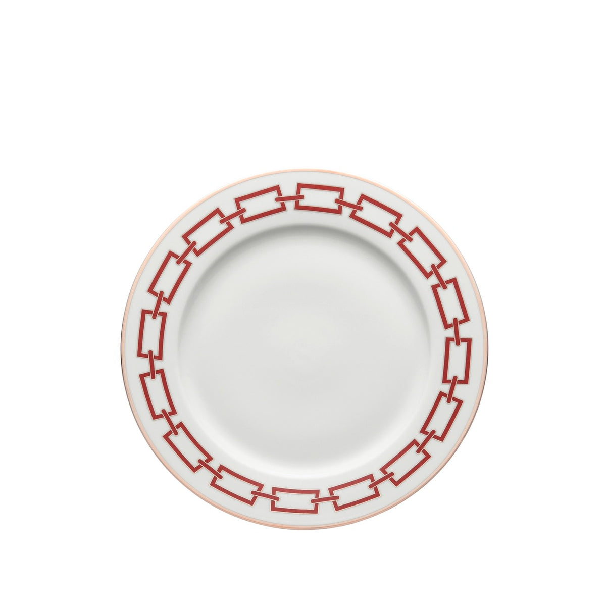 Top-down view of Catene charger plate showcasing red chain-link border and thin gold rim on white porcelain background