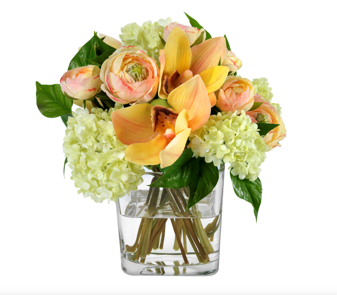 Cymbidium Orchids and Snowballs in Glass Cube