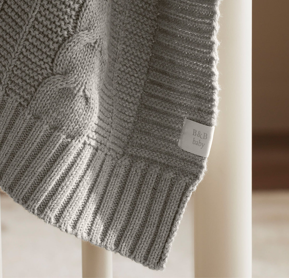 Cable Knit Baby Blanket in Heathered Pewter
