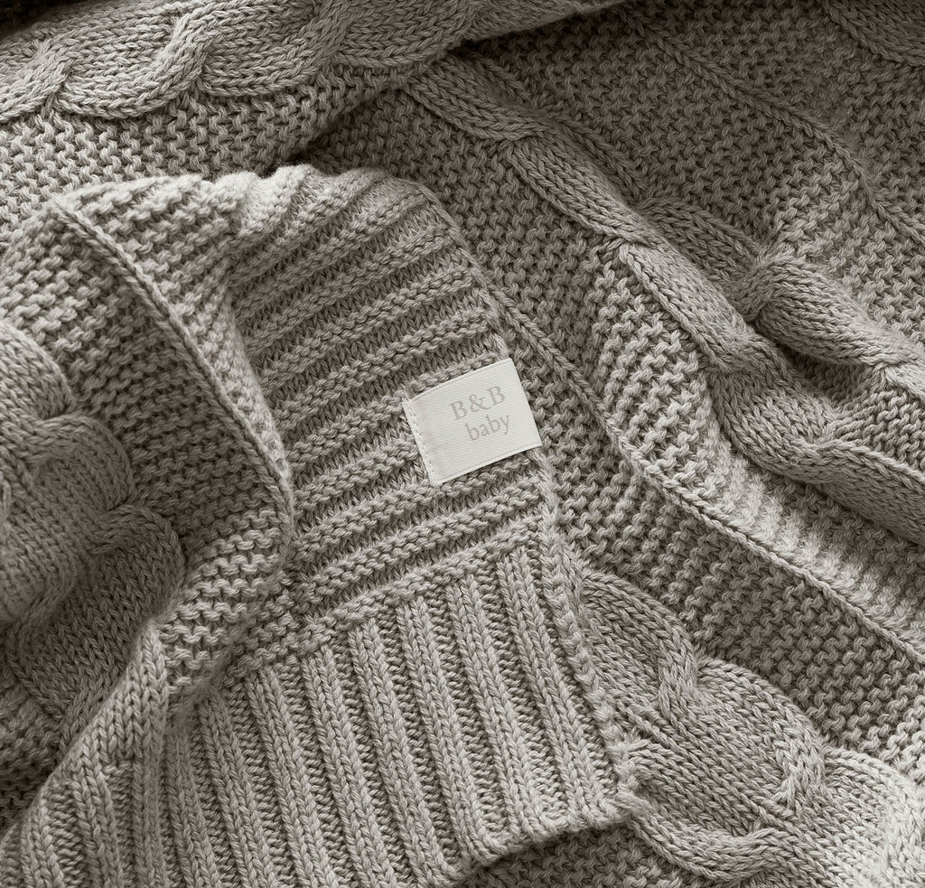 Cable Knit Baby Blanket in Heathered Pewter