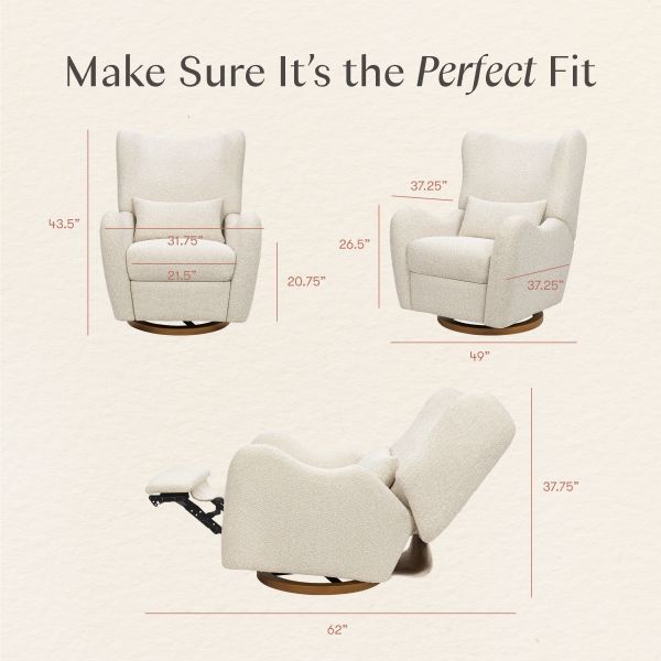 Dimension guide showing front, side, and reclined views of the Westham electronic recliner and glider