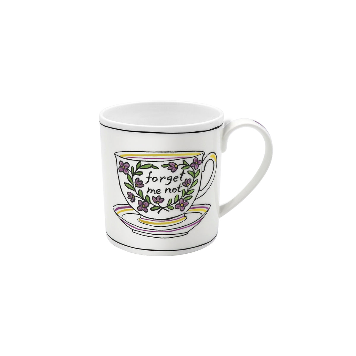 Front view of Heritage Forget Me Not Mug showcasing purple floral decals and colored trim on white fine bone china with a white background