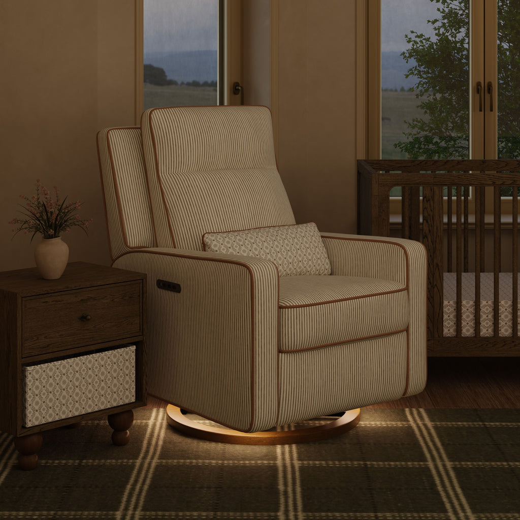 Sigi Pro Power Recliner and Swivel Glider with Power Adjustable Headrest and Lumbar Support by Nate Berkus in Performance Bronze Stripe Eco-Crossweave with Toffee Base
