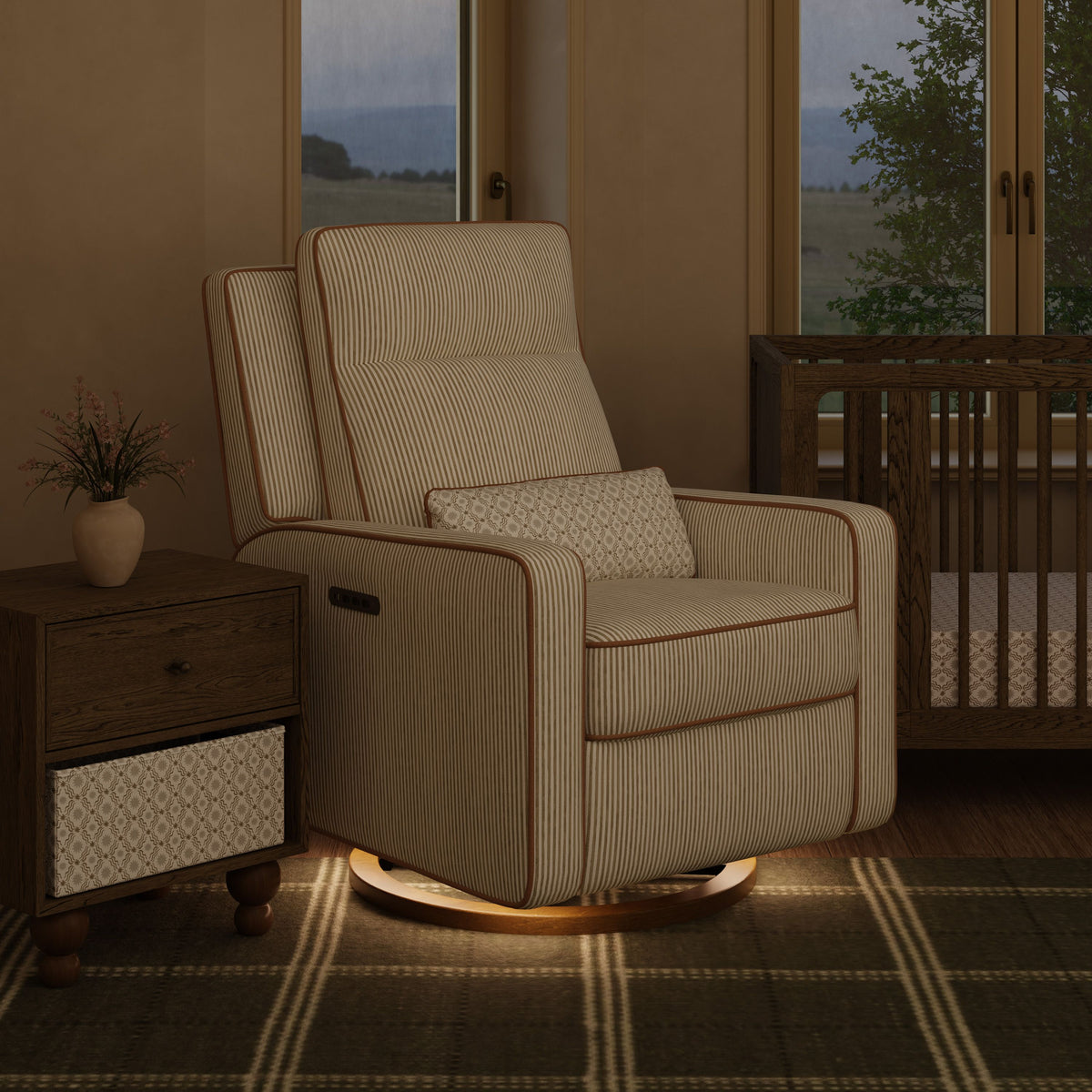 Sigi Pro Power Recliner and Swivel Glider with Power Adjustable Headrest and Lumbar Support by Nate Berkus in Performance Bronze Stripe Eco-Crossweave with Toffee Base