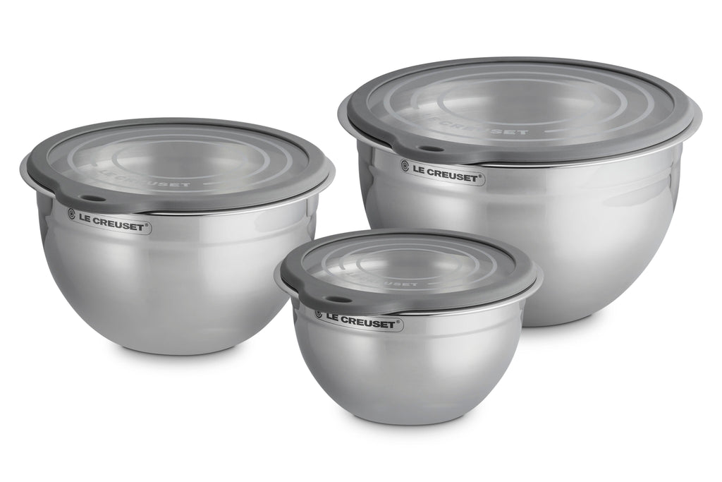 Le Creuset Stainless Steel Mixing Bowls with Glass Lids, Set of 3