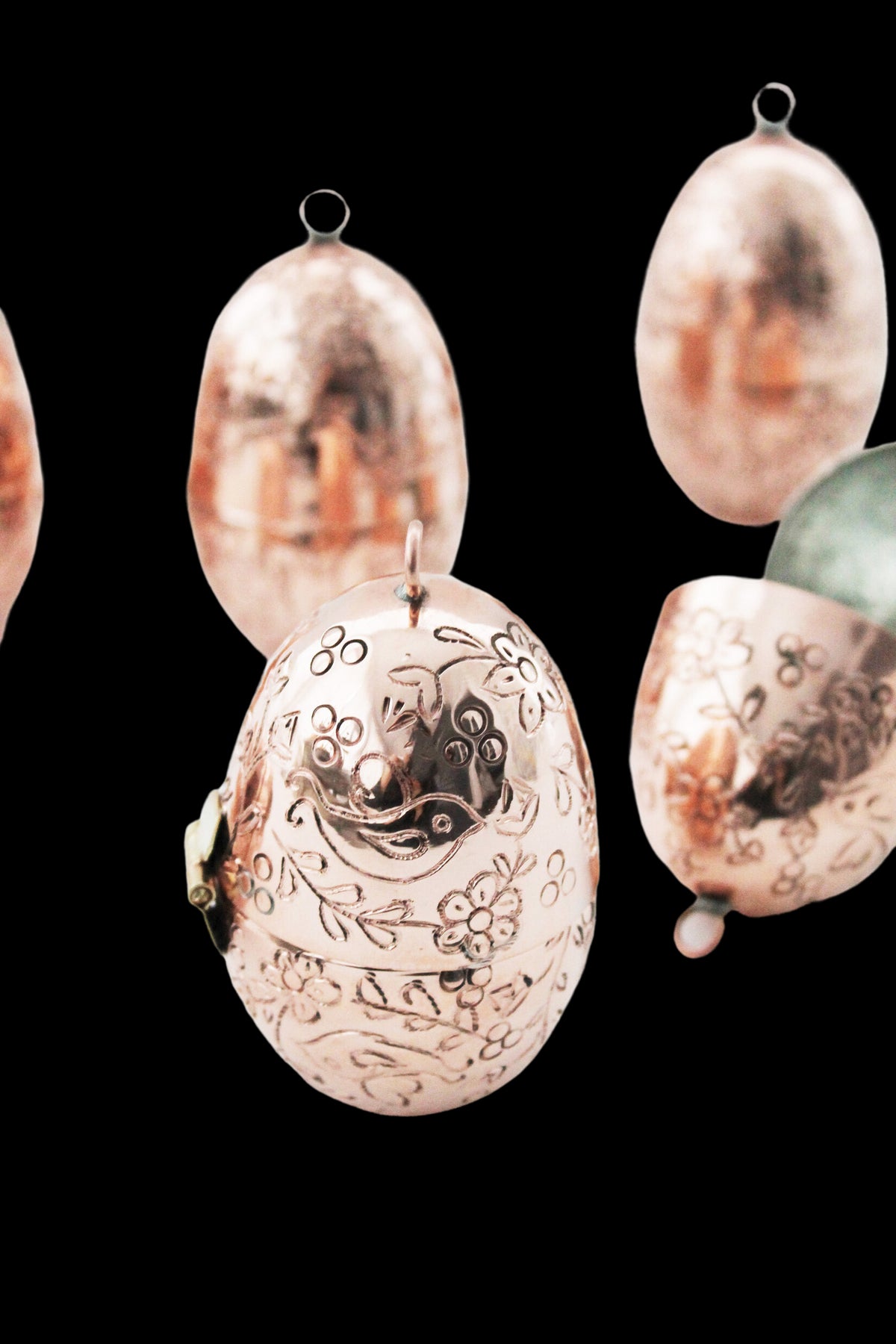 CMK Copper Etched Bird & Floral Egg Ornaments, Set of 4