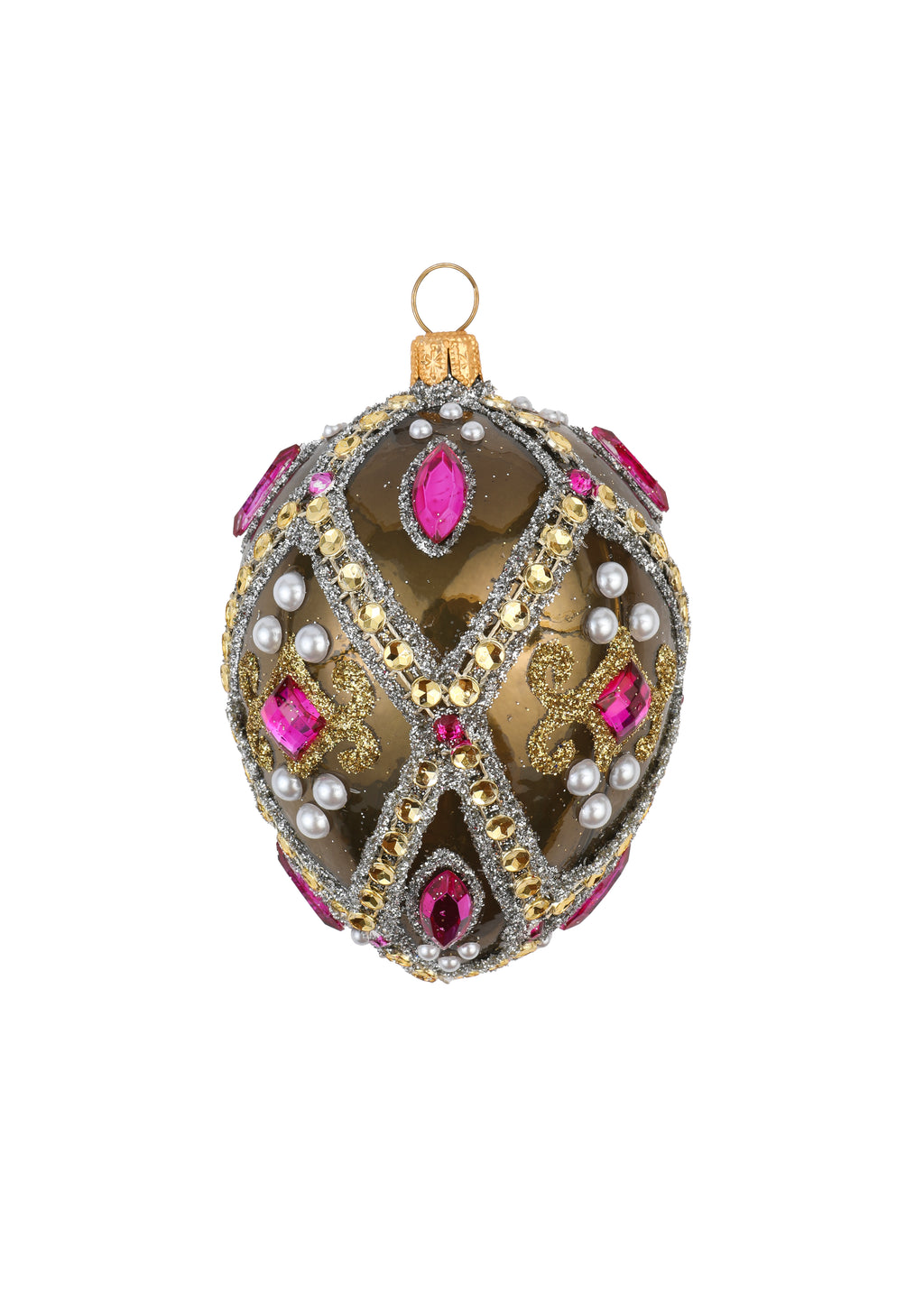 Small Rhinestone-Encrusted Egg in Moss Green with Fuchsia Stones