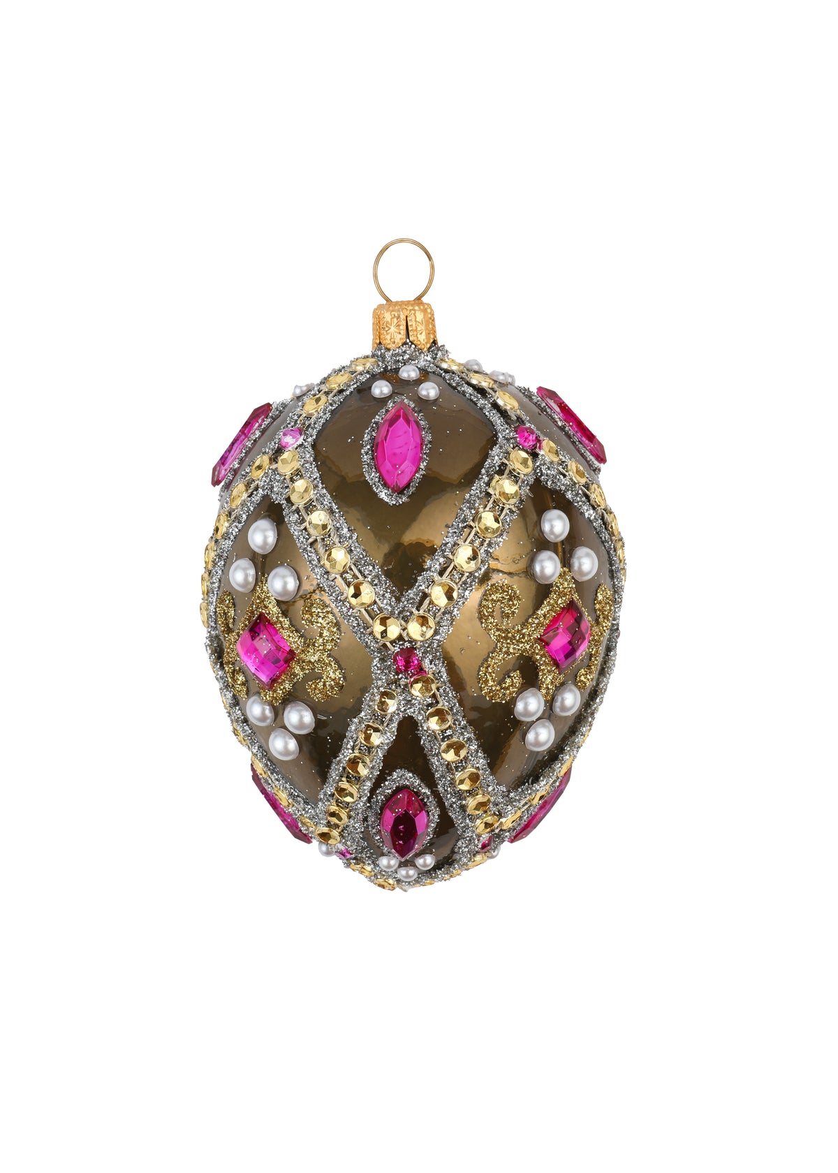 Small Rhinestone-Encrusted Egg in Moss Green with Fuchsia Stones