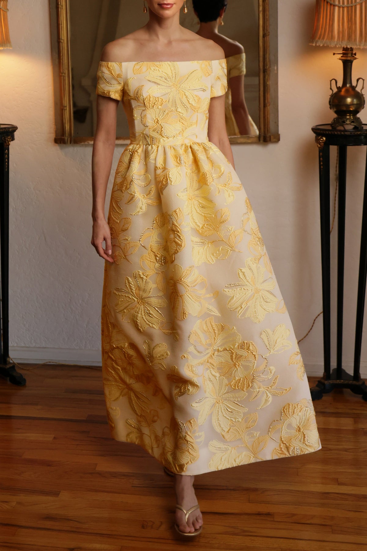Tea Length Dress in Pale Canary & Italian Gold Brocade