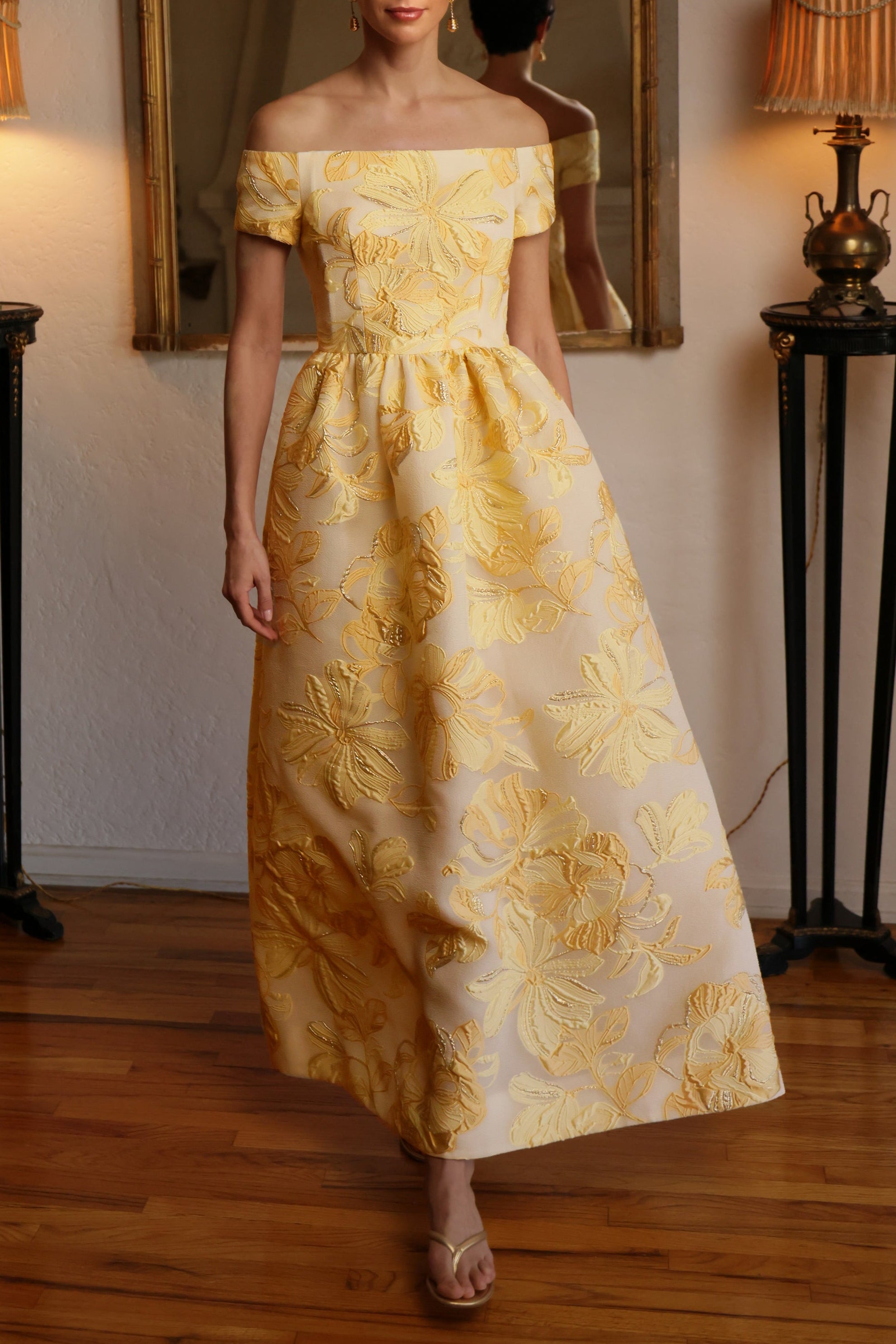 Tea Length Dress in Pale Canary & Gold Brocade