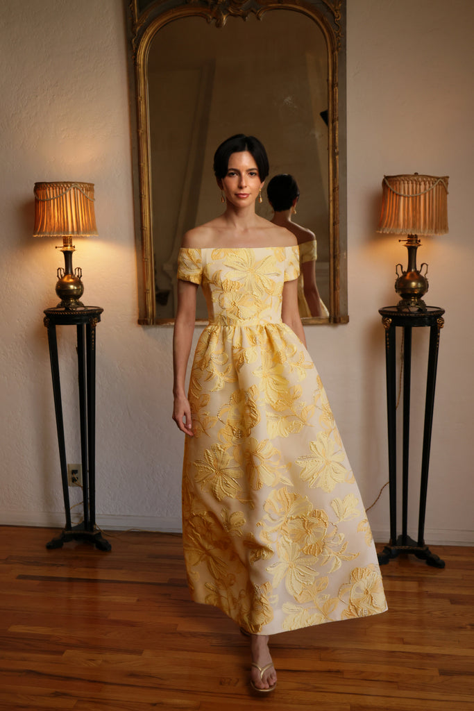 Tea Length Dress in Pale Canary & Gold Brocade