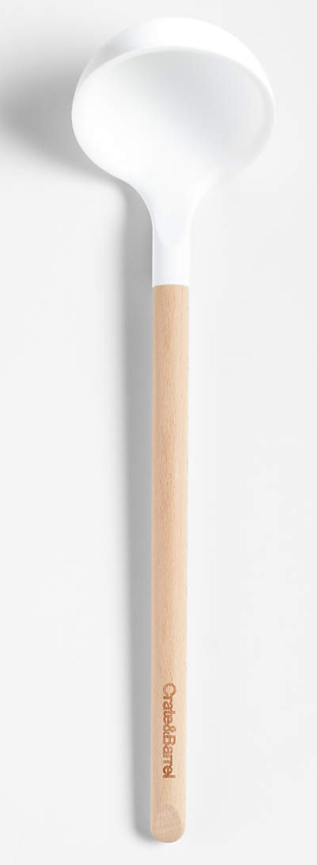 Crate & Barrel White Silicone and Wood Ladle in White