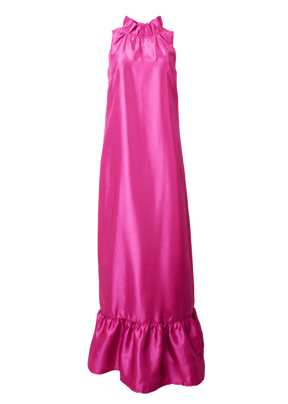 Front view of Camille Gown in Hot Pink Dupioni showcasing its ruffle neckline and hem panel with a black background
