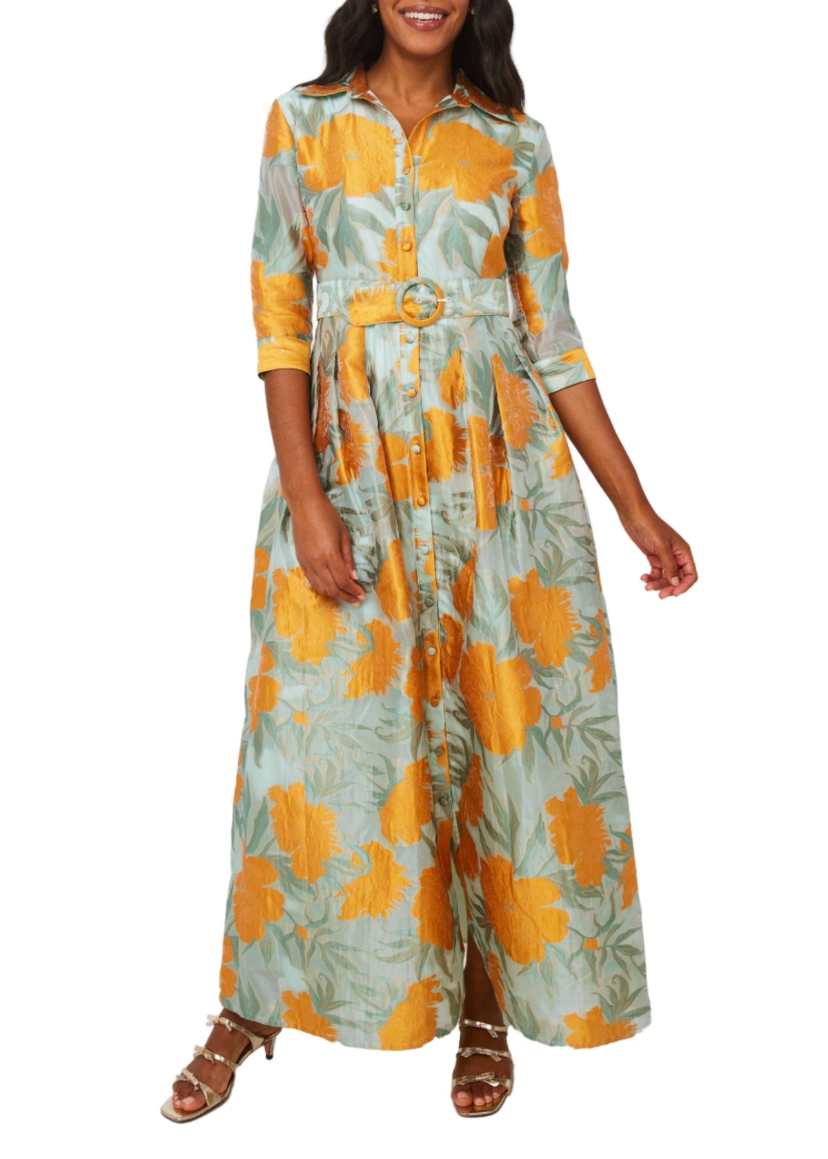 Front view of Cecilia Gown in Mint Pansy Vine Organza showcasing A-line fit, button front, and buckle belt