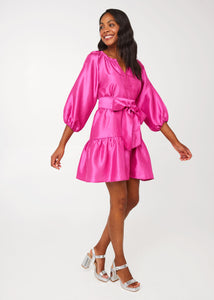 Elise Mini Dress in Hot Pink Dupioni