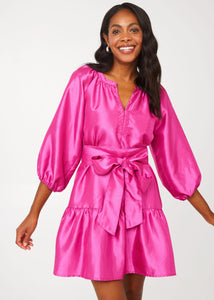 Elise Mini Dress in Hot Pink Dupioni