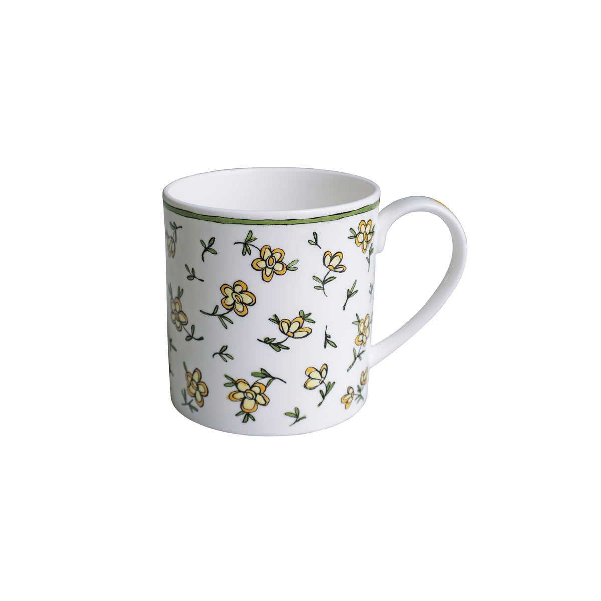 Front three quarter view of Heritage Daisy Chain Mug 2 showcasing hand applied daisy decals and green rim on a white background