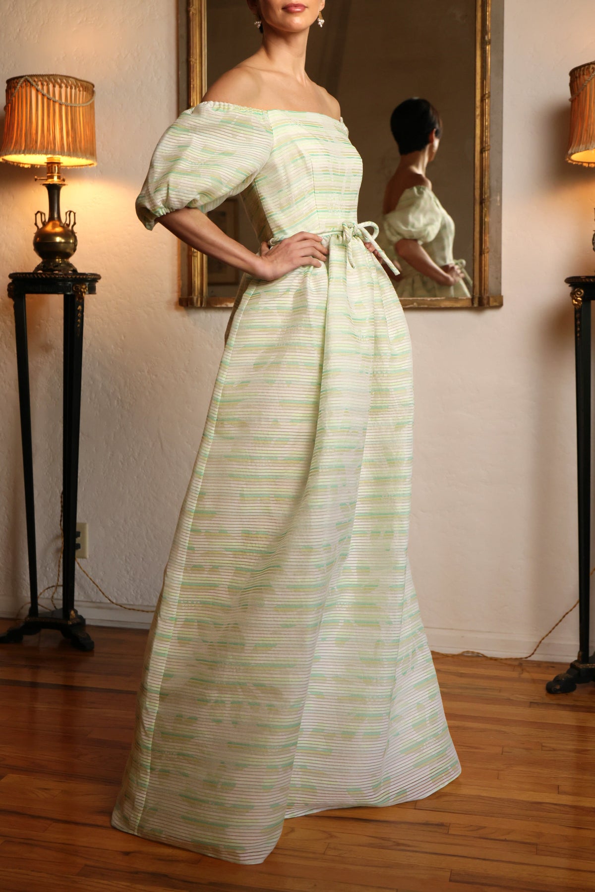 Full Sleeve Off the Shoulder Gown in Pale Green & White Swiss Cotton Stripe