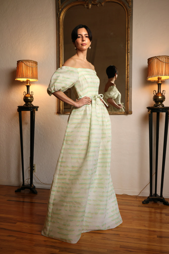 Full Sleeve Off the Shoulder Gown in Pale Green & White