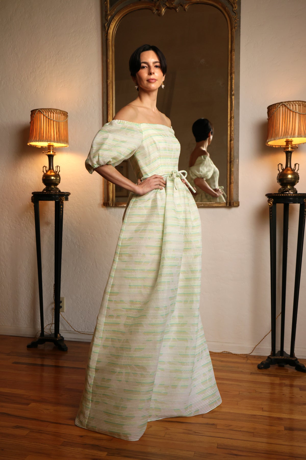 Full Sleeve Off the Shoulder Gown in Pale Green & White