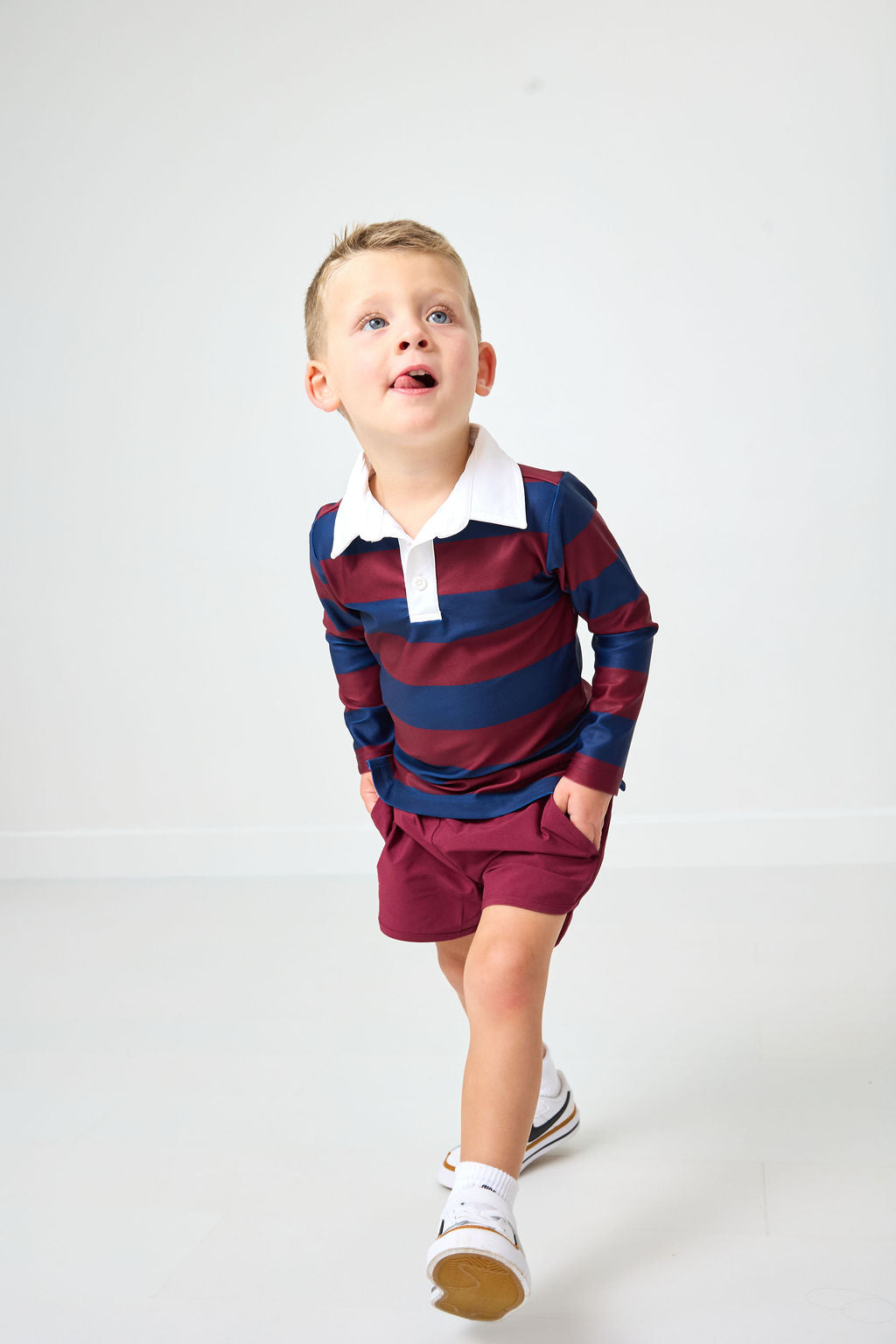 Long Sleeve Rugby Polo Shirt in Maroon & Navy Stripe