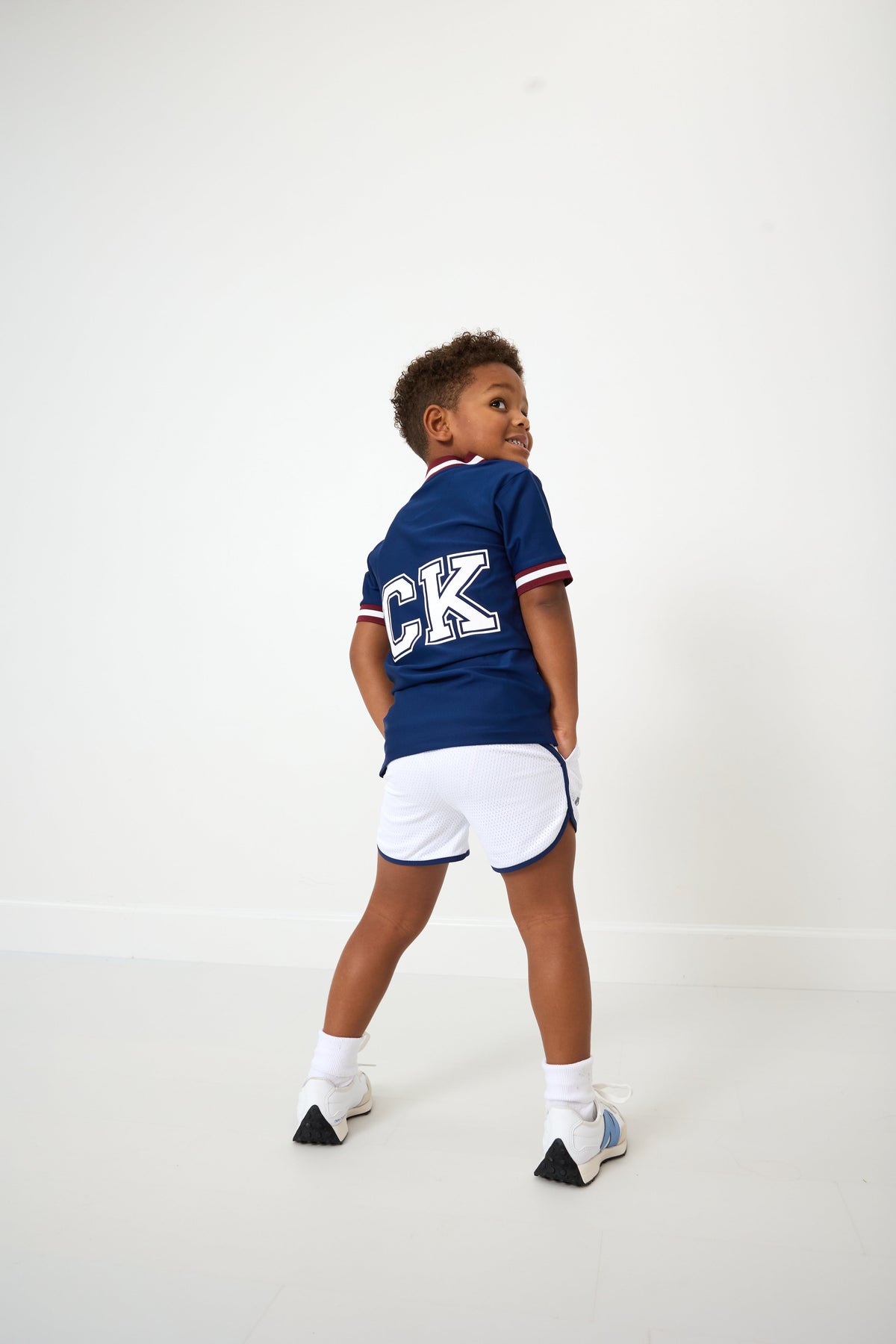 Mesh Super Short in White with Navy Piping